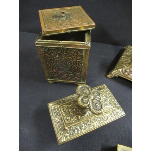 59 - BRASS DOUBLE INKWELL, BLOTTER, STAMP BOX AND OTHER BRASSWARE