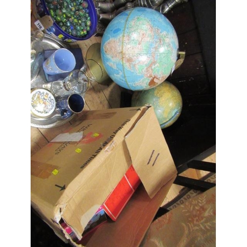 60 - TWO VINTAGE TABLE GLOBES AND A BOX OF OS AND OTHER MAPS