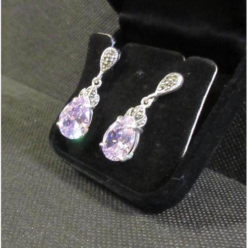 219 - PAIR OF LAVENDER STONE AND MARCASITE SILVER EARRINGS