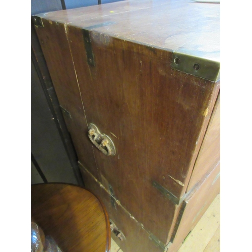 40 - EARLY 20TH CENTURY OAK TWO SECTION CAMPAIGN CHEST PURPORTING TO BE COLONIAL SOUTH EAST ASIAN