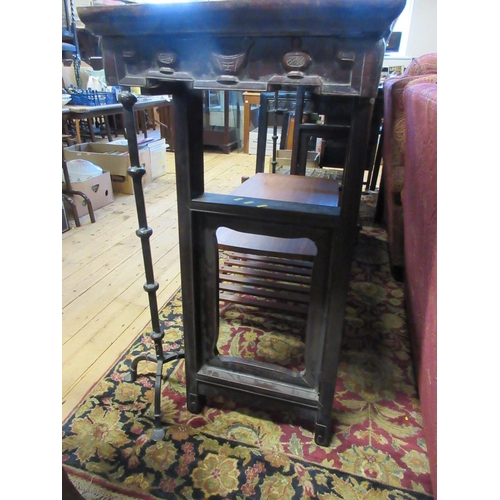 47 - A CHINESE MEIJI PERIOD HARDWOOD ALTAR TABLE WITH CARVED SYMBOLIC FRONT AND REVERSE length 82.5in, wi... 