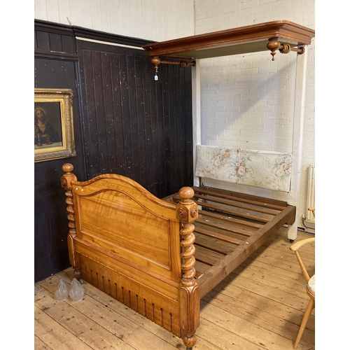 681 - A VICTORIAN SATINWOOD HALF TESTER BED, late 19th century, the ogee moulded cornice with baluster tur... 