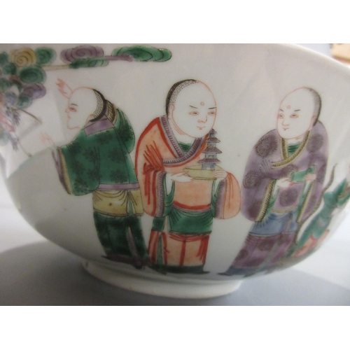 1 - A CHINESE PORCELAIN FAMILLE VERTE BOWL of plain circular form painted with a seated Hotei with seven... 