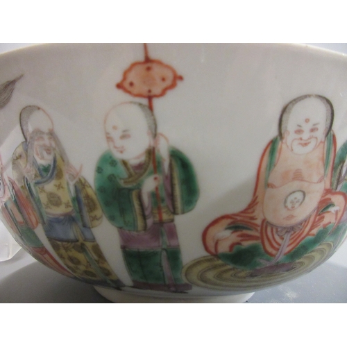 1 - A CHINESE PORCELAIN FAMILLE VERTE BOWL of plain circular form painted with a seated Hotei with seven... 