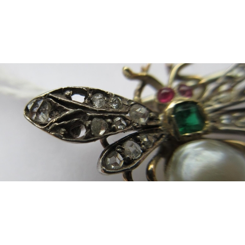 313 - A VICTORIAN INSECT BROOCH with two ruby cabochon eyes, square cut emerald thorax and blister pearl b... 