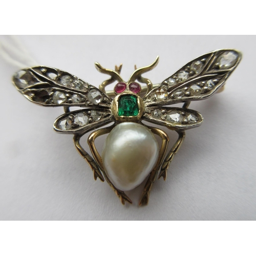 313 - A VICTORIAN INSECT BROOCH with two ruby cabochon eyes, square cut emerald thorax and blister pearl b... 