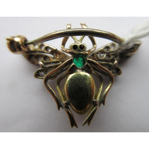 313 - A VICTORIAN INSECT BROOCH with two ruby cabochon eyes, square cut emerald thorax and blister pearl b... 