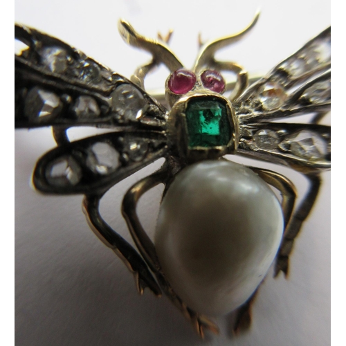 313 - A VICTORIAN INSECT BROOCH with two ruby cabochon eyes, square cut emerald thorax and blister pearl b... 