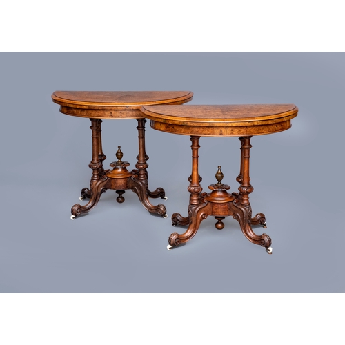 732 - A PAIR OF VICTORIAN BURR WALNUT FOLDING CARD TABLES, third quarter 19th century, of demi-lune form l... 