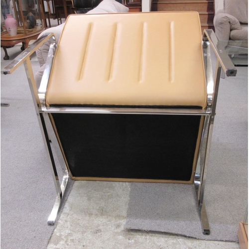 644 - A PAIR OF LEATHER AND CHROME FRAMED ARMCHAIRS, modern, the loose, tan cushions on a square section f... 