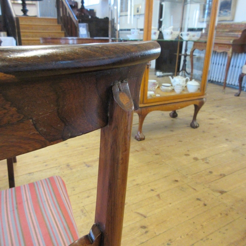 709 - A SET OF SIX EARLY VICTORIAN ROSEWOOD DINING CHAIRS, mid 19th century, the open back with curved top... 