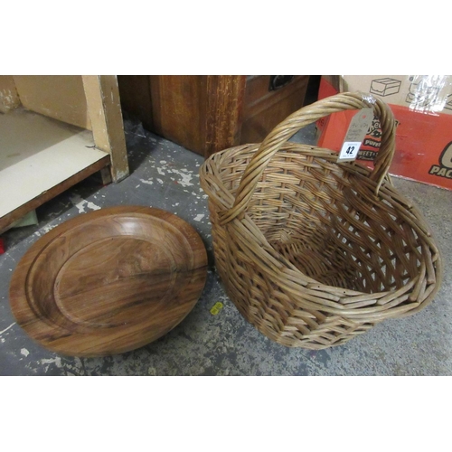 42 - TURNED WOODEN BOWL AND A WICKER SHOPPING BASKET