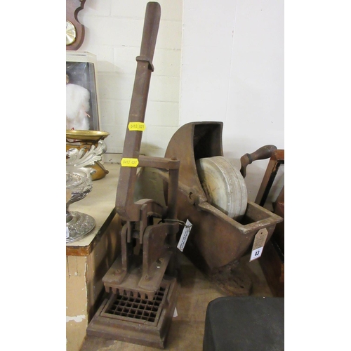 43 - VINTAGE GRINDING WHEEL AND POTATO CHIPPER