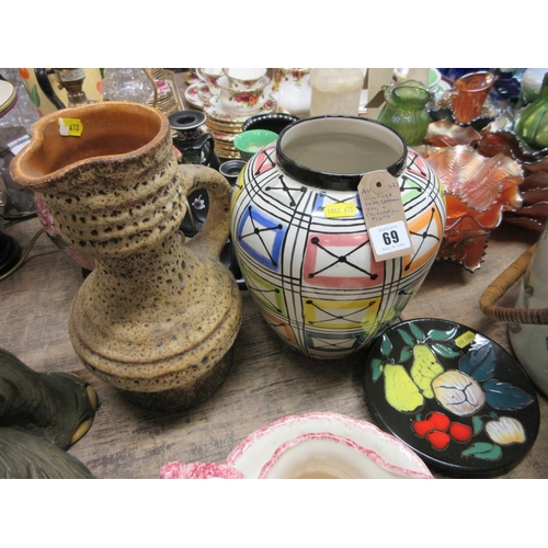 69 - VINTAGE VASE GERMAN JUG AND COLOURFUL PLATE