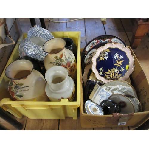 152 - YELLOW BOX OF VASES AND A BOX OF NAMED CERAMICS