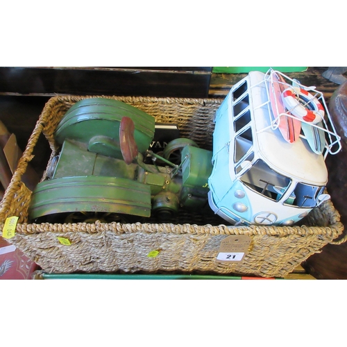 21 - JOHN DEERE TIN TRACTOR WITH VW VAN AND BOOK