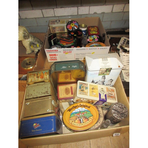 330 - TWO BOXES OF VINTAGE TINS ETC