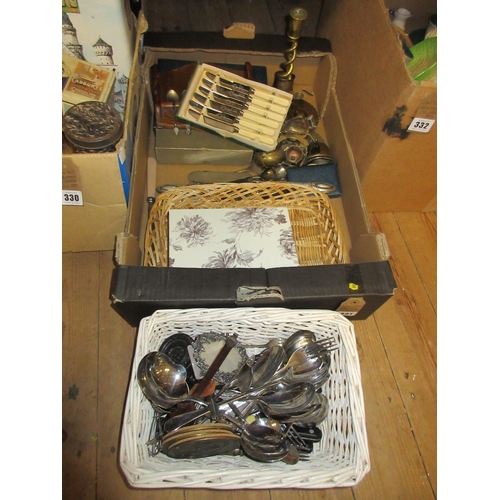 331 - BOX OF MISCELLANEOUS METALWARE INCLUDING CUTLERY ETC