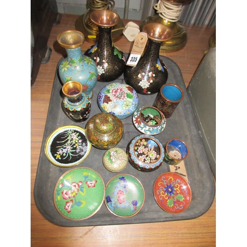 335 - TRAY OF CLOISONNE VASES AND DISHES