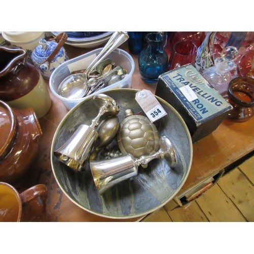 354 - QUANTITY OF METAL WARE PLUS A TRAVELLING IRON AND CUTLERY