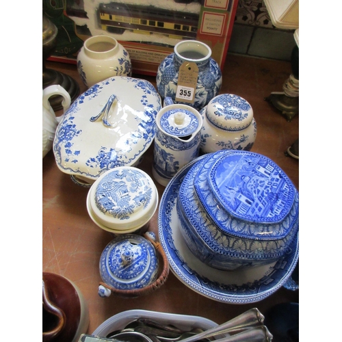 355 - QUANTITY OF BLUE AND WHITE CERAMICS INCLUDING MASONS