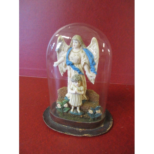 417 - ANTIQUE BISQUE FIGURE OF AN ANGEL UNDER GLASS DOME