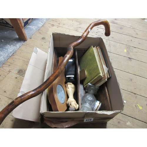 426 - BOX OF MISCELLANEOUS INCLUDING CUTLERY TRAY, BAROMETER AND STICK