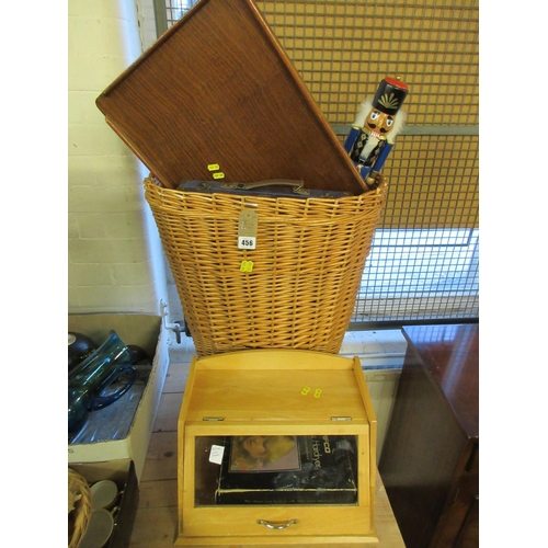 456 - BASKET WITH WOOD ITEMS, BREAD BIN, NUTCRACKER AND SMALL CASES