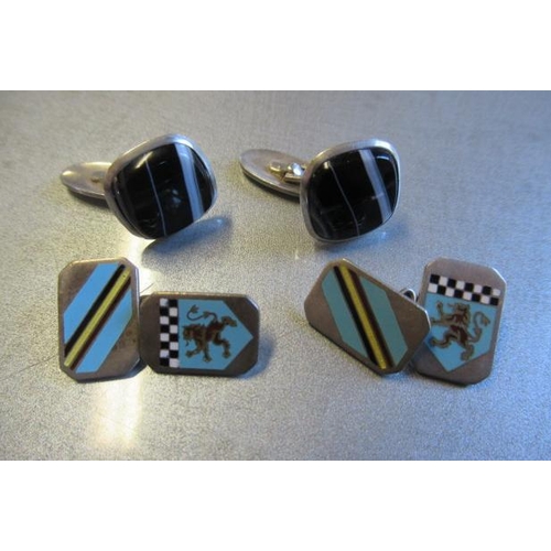 148 - TWO SETS OF SILVER, ENAMEL AND HARDSTONE CUFFLINKS