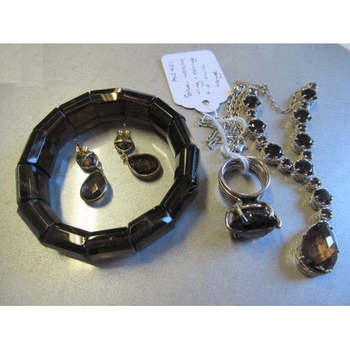 149 - SILVER NECKLACE, RING AND EARRINGS AND A BANGLE