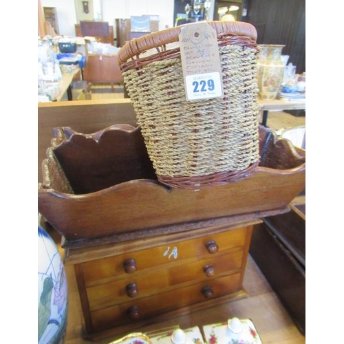 229 - MINIATURE SET OF DRAWERS AND A WOODEN CUTLERY TRAY ETC