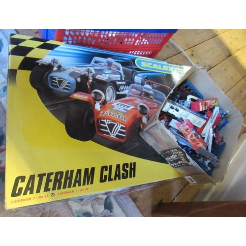 236 - BOX OF TOY CARS AND CATERHAM CLASH SCALEXTRIC