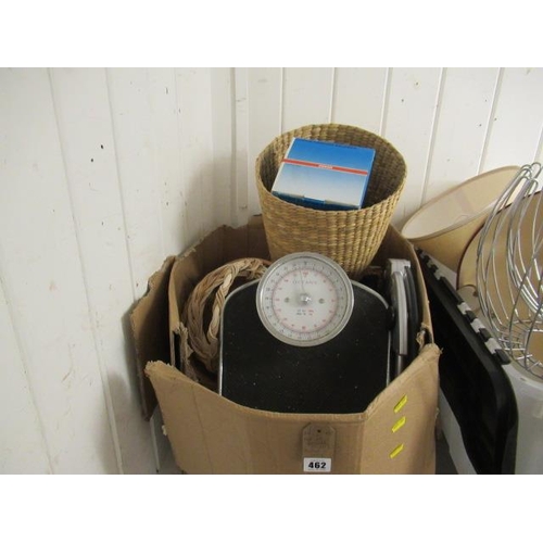 462 - BOX OF VARIOUS BASKETS , SCALES AND A LAMP