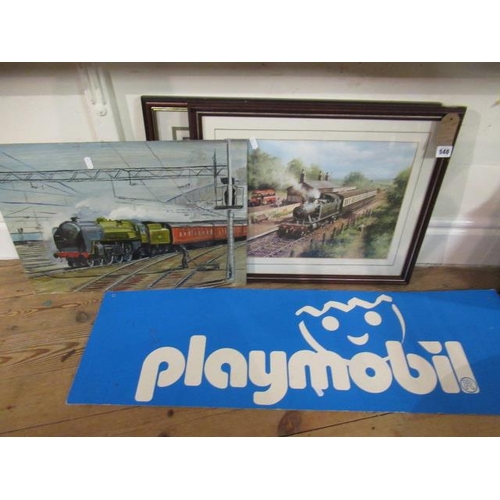 540 - TWO TRAIN PICTURES, PLAYMOBIL SIGN AND ANOTHER PICTURE