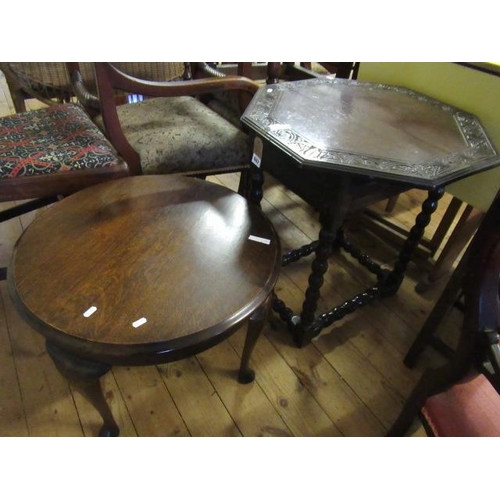 662 - OAK CIRCULAR COFFEE TABLE AND A CARVED OAK OCTAGONAL TABLE