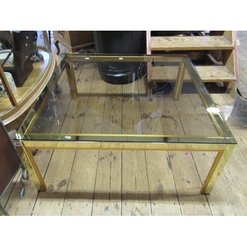 681 - LARGE SQUARE RETRO BRASS AND SMOKED GLASS COFFEE TABLE