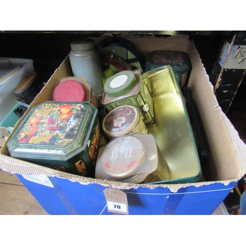 70 - BOX OF TINS (SOME CONTAINING TEA)