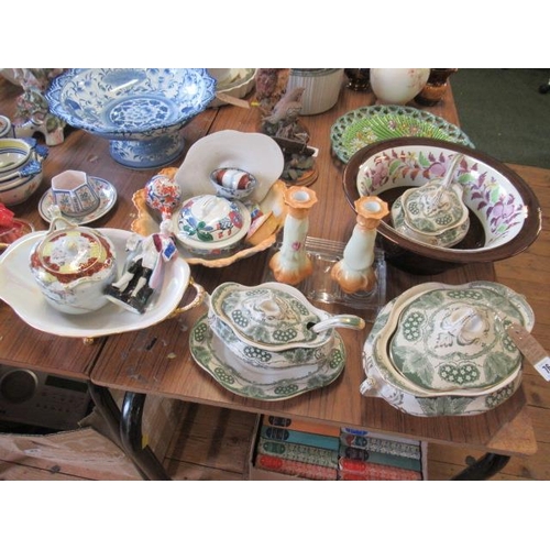 76 - QUANTITY OF MISCELLANEOUS CERAMICS INCLUDING LATE MAYERS SAUCE TUREENS AND GLASS INKWELL