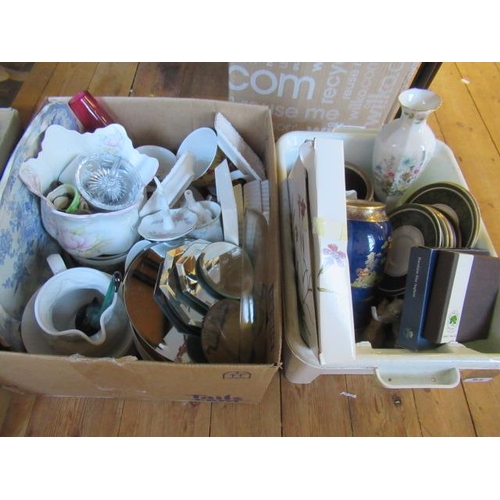 92 - TWO BOXES OF CERAMICS AND GLASS INCLUDING ROYAL DOULTON BAMBURGH SAUCERS