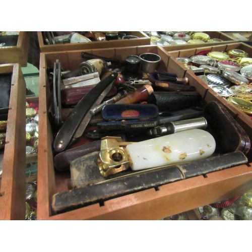 217 - COLLECTABLE SMOKING ACCOUTREMENTS INCLUDING CIGAR CUTTERS AND CUT THROAT RAZORS