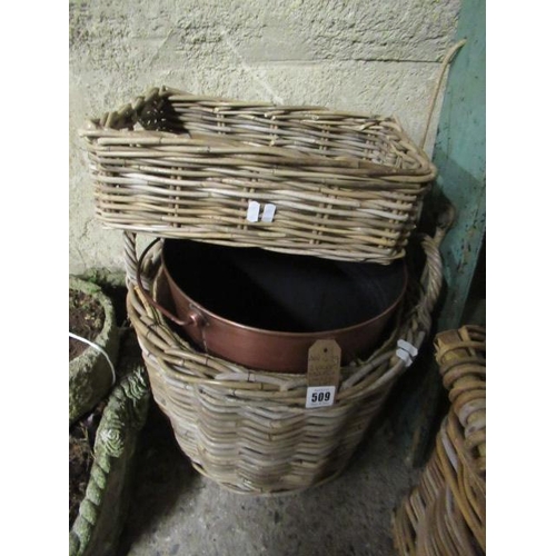 509 - TWO WICKER BASKETS AND A MODERN KINDLING BUCKET