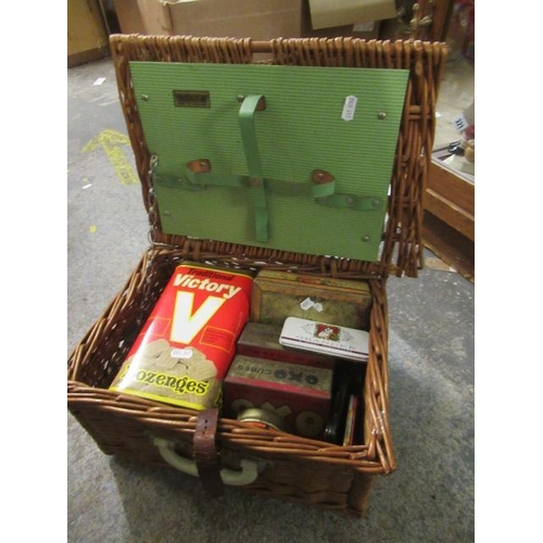 34 - WICKER PICNIC HAMPER AND VINTAGE TINS