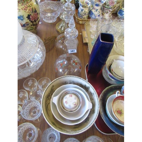 147 - PAIR OF GLASS DECANTERS AND CERAMICS