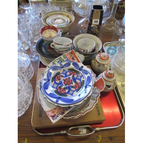 149 - TRAY OF CERAMICS INCLUDING HAND PAINTED PLATES