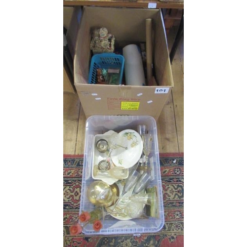 161 - TUB OF MISCELLANOUS ITEMS AND A BOX OF PLATES, TEDDIES AND CLOCK ETC