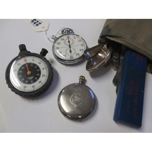 223 - SILVER POCKET WATCH , TWO STOP WATCHES AND CUTLERY