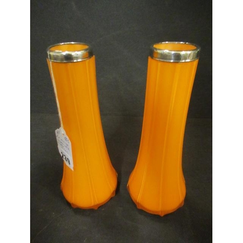 239 - TWO SILVER COLLARED ORANGE GLASS VASES