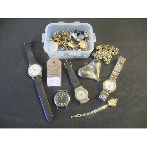 261A - FIVE WRISTWATCHES AND A SMALL TUB OF COSTUME JEWELLERY