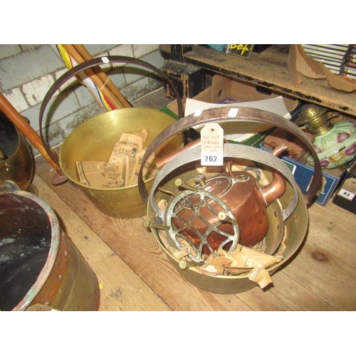 262 - THREE BRASS JAM PANS ETC