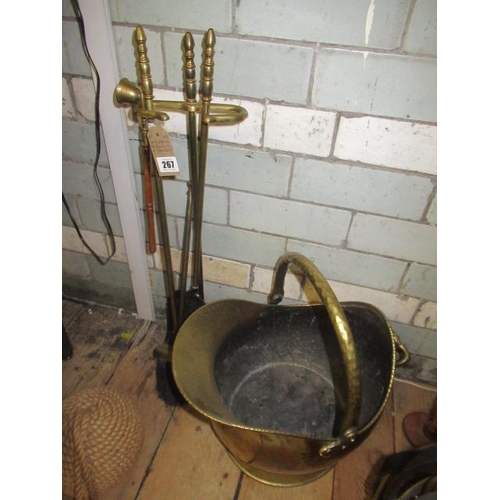 267 - BRASS FIRESIDE COMPANION SET AND BRASS COAL BUCKET